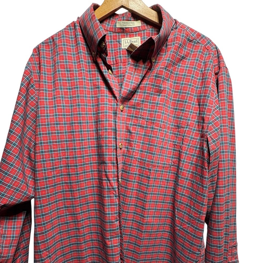 LL Bean Wrinkle Free Shirt Mens XL Red Blue Plaid Traditional Fit‎ Button Down